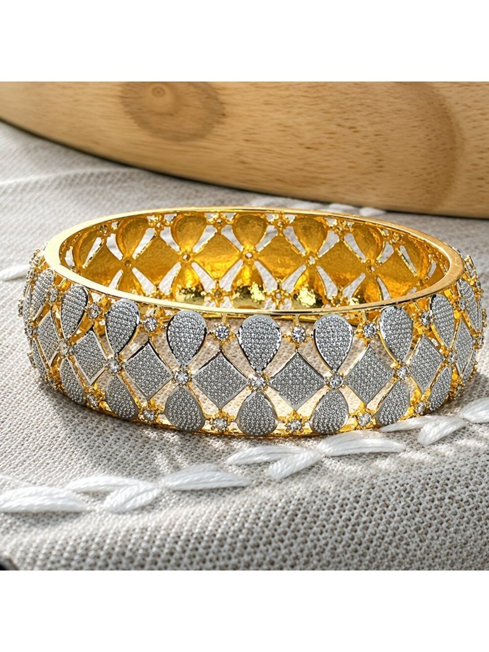 Gold Plated Bangle Womens Bracelet With Intricate Design & Crystal Accents